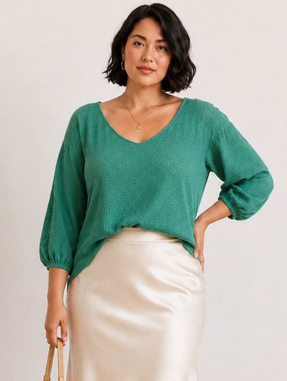 Ava & Viv 1X Green Eyelet Blouse Balloon Sleeve Cottage Romantic Top